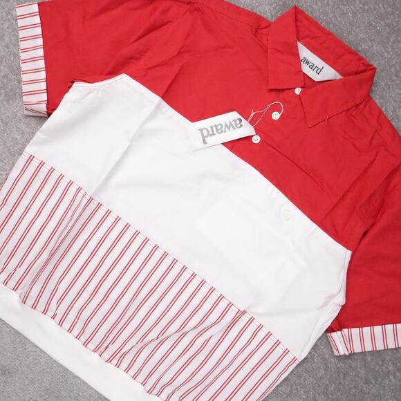 VTG 80s 90s Award Deadstock Medium Red White Striped Short Sleeve Collared Shirt - Picture 7 of 9